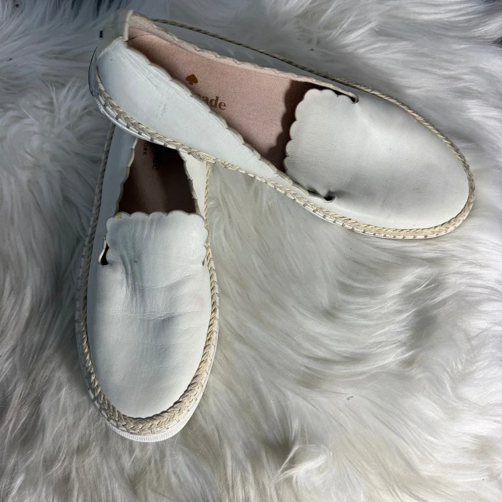 Kate Spade White Leather Scalloped Espadrille Slip On Sneakers Womens 8